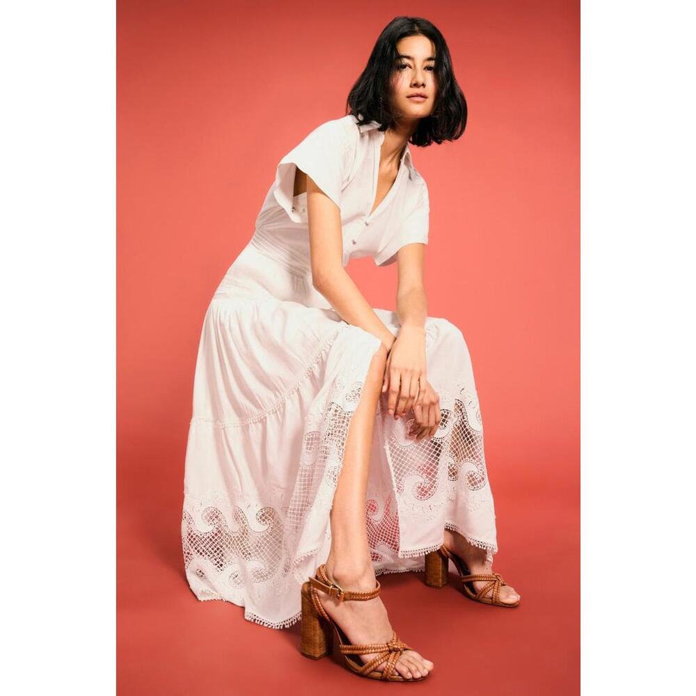 Maje White Embroidered Ruffled Maxi Dress Size 34